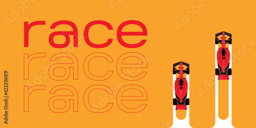 Red formula car. F1 landscape. Speed racing tournament. Formula One championship. Motorsport concept. Vector Illustration isolated on background. Poster design