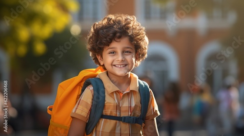 Indian schoolboy with backpack smiling. AI generation