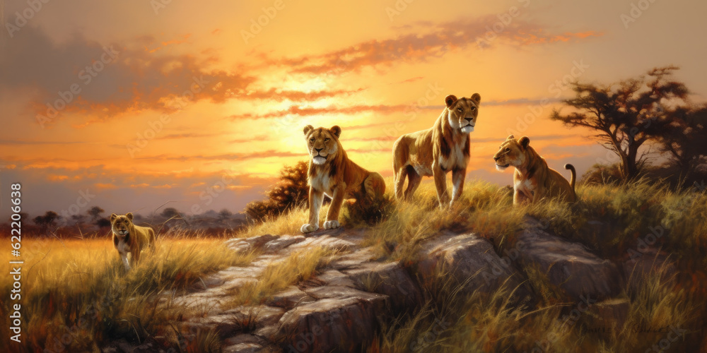 Wild lions in the African savannah at sunset. Generative AI