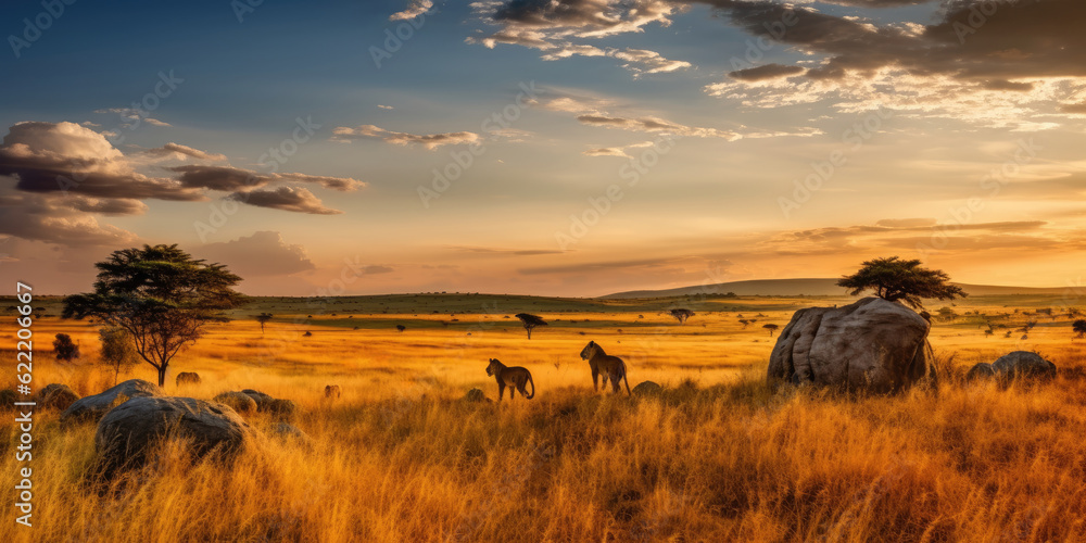 Wild lions in the African savannah at sunset. Generative AI - obrazy, fototapety, plakaty 