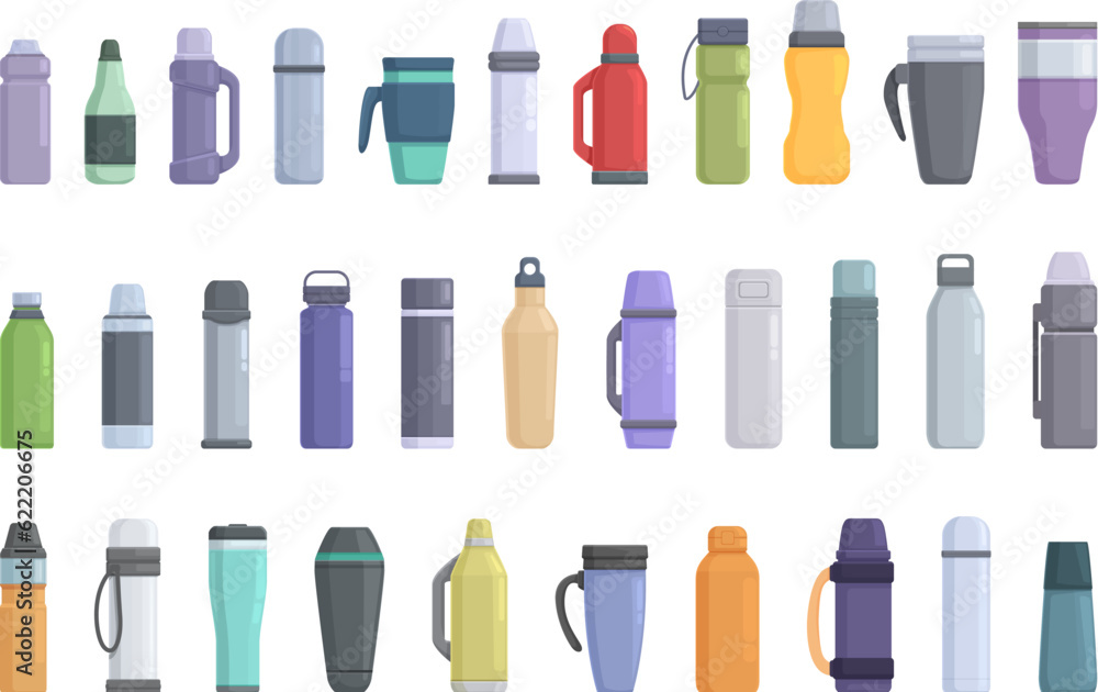 Thermos icons set cartoon vector. Water steel. Bottle vacuum Thermos icons set cartoon vector. Water steel. Bottle vacuum