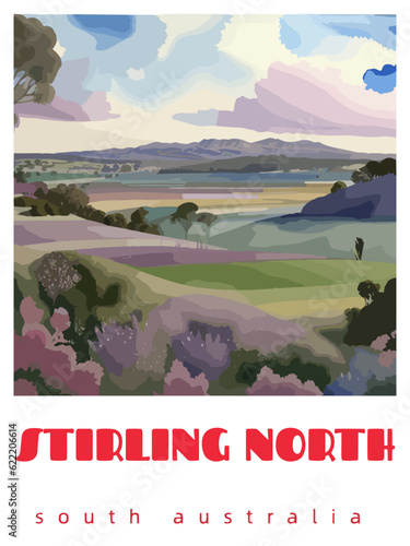 Stirling North: Retro tourism poster with a Australian landscape and the headline Stirling North / South Australia