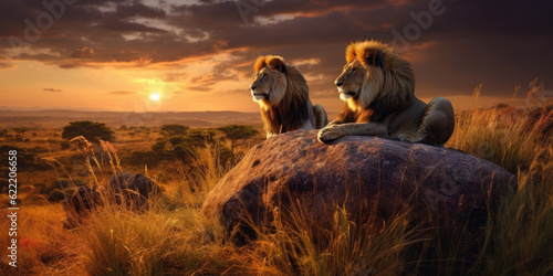 Wild lions in the African savannah at sunset. Generative AI