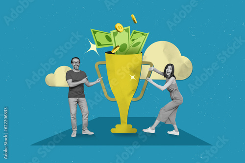 Creative abstract template collage of funny couple mature male young female golden goblet dollar banknotes usd entrepreneur financier photo