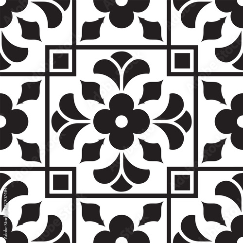 black and white tile pattern, Azulejos Portugal ornament, Talavera ceramic decor, Moroccan mosaic, Spanish porcelain tableware, folk print, Spanish pottery, Mediterranean seamless background vector