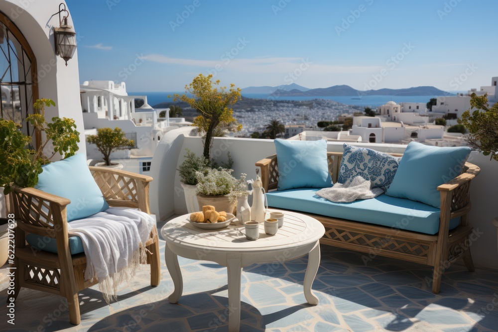 Luxurious Mediterranean Balcony with a Close-Up of Deck Chairs on a summer vacation day