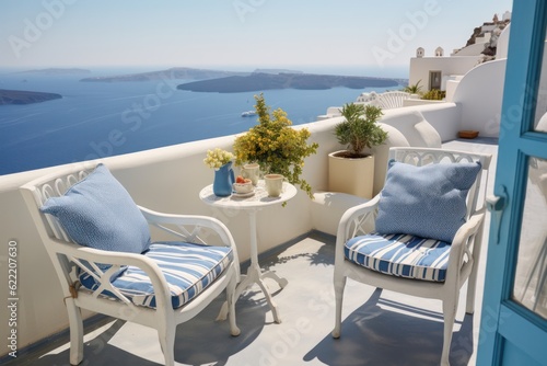 Luxurious Mediterranean Balcony with a Close-Up of Deck Chairs on a summer vacation day