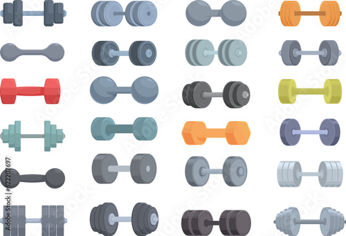 Dumbbells icons set cartoon vector. Exercise equipment. Home workout