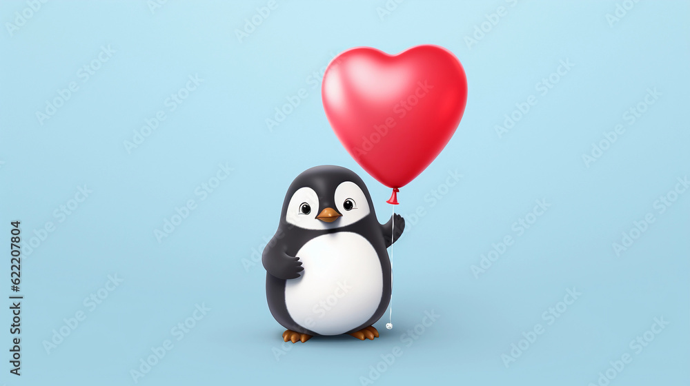 Fototapeta premium a cute penguin holding a heart balloon created by generative AI