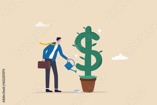 Dividends yield investment, growing profit or stock market earning return, increase money or wealth, success investing, income growth concept, businessman investor watering growth dollar money plant.