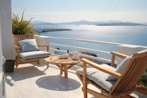 Sleek and luxurious Mediterranean lounge area with a Close-Up of balcony on a summer vacation day in greece © aboutmomentsimages