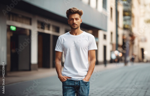 Modern and Stylish Young Man Presenting a Bella Canvas White Shirt Mockup High-Quality Design T-shirt Template and Print Presentation Mock-up for Professional Showcase and Promotional Campaigns