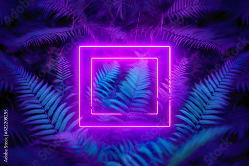 Purple neon frame on leaves surrounded by ferns, in the style of luxurious geometry, high contrast shots, junglecore, quadratura photo