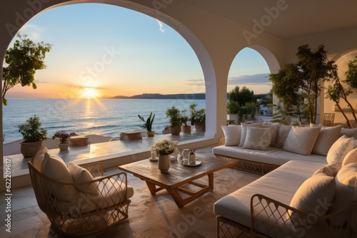 Interior Design of a Luxurious Greek Island Villa. Close-Up of chairs and sofa on a terrace with a Stunning Sea Sunset View © aboutmomentsimages