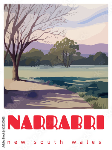 Narrabri: Retro tourism poster with a Australian landscape and the headline Narrabri / New South Wales photo