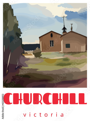 Churchill: Retro tourism poster with a Australian landscape and the headline Churchill / Victoria
