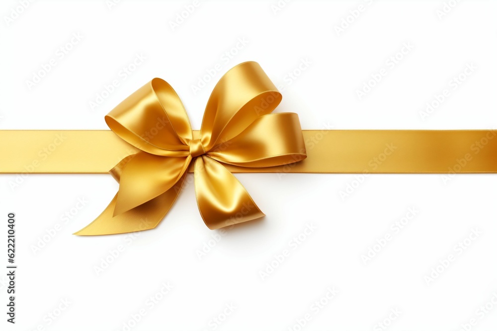 A curly gold ribbon for Christmas and birthday present banner isolated against a white background - Generative AI A curly gold ribbon for Christmas and birthday present banner isolated against a white background - Generative AI