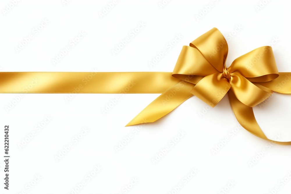 A curly gold ribbon for Christmas and birthday present banner isolated against a white background - Generative AI A curly gold ribbon for Christmas and birthday present banner isolated against a white background - Generative AI