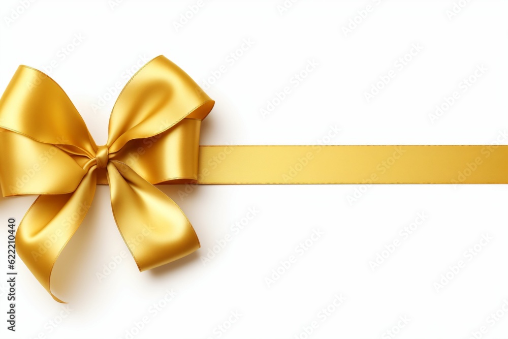A curly gold ribbon for Christmas and birthday present banner isolated against a white background - Generative AI A curly gold ribbon for Christmas and birthday present banner isolated against a white background - Generative AI