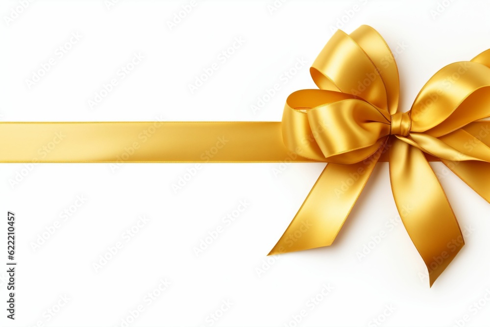 A curly gold ribbon for Christmas and birthday present banner isolated against a white background - Generative AI A curly gold ribbon for Christmas and birthday present banner isolated against a white background - Generative AI
