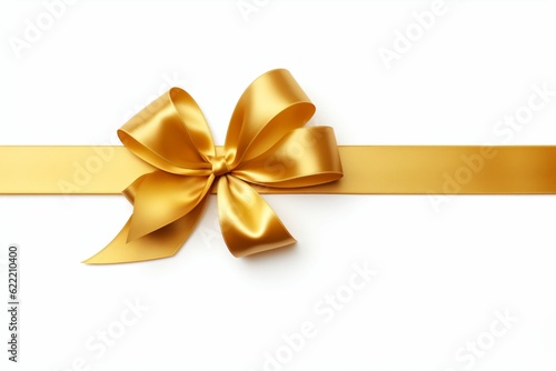 A curly gold ribbon for Christmas and birthday present banner isolated against a white background - Generative AI