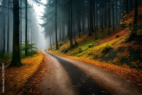 Autumn forest scenery with road of fall leaves   warm light