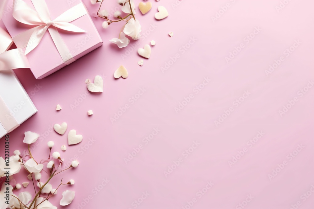 Top view photo of woman's day composition white gift boxes with pink bows curly silk ribbon small hearts - Generative AI Top view photo of woman's day composition white gift boxes with pink bows curly silk ribbon small hearts - Generative AI