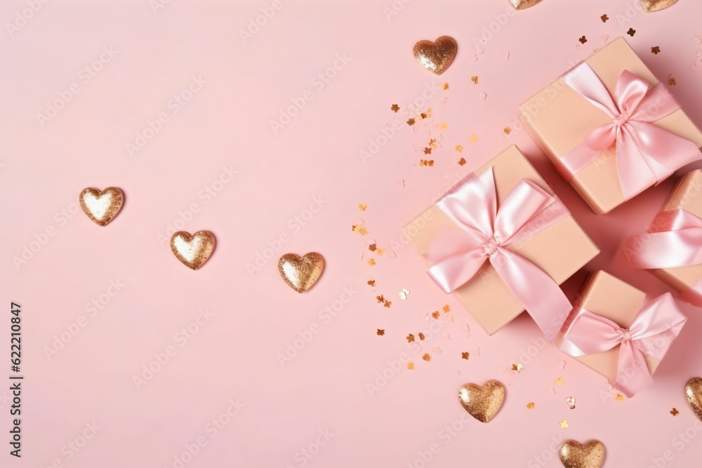 Valentine's Day concept. Top view photo of gift boxes with silk ribbon bows decorative clips heart shaped candles - Generative AI Valentine's Day concept. Top view photo of gift boxes with silk ribbon bows decorative clips heart shaped candles - Generative AI