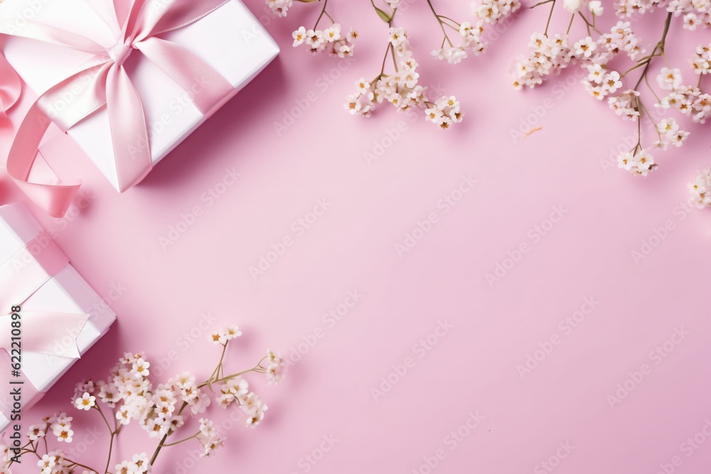 Top view photo of woman's day composition white gift boxes with pink bows curly silk ribbon small hearts - Generative AI Top view photo of woman's day composition white gift boxes with pink bows curly silk ribbon small hearts - Generative AI