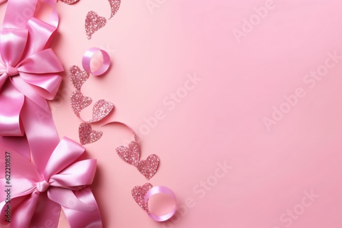 Top view photo of valentines day decorations glitter Top view photo of valentine's day decorations glitter pink curly ribbon and sequins on isolated pastel pink background - Generative AI