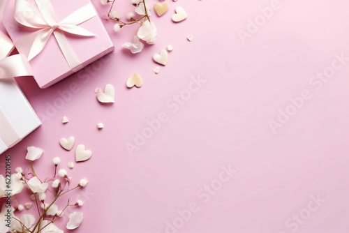Top view photo of woman's day composition white gift boxes with pink bows curly silk ribbon small hearts - Generative AI © seogi