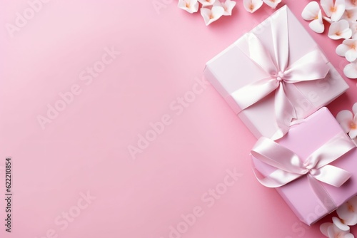 Top view photo of woman s day composition white gift boxes with pink bows curly silk ribbon small hearts - Generative AI