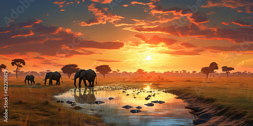 Group of elephants in the African savannah at dusk. Generative AI