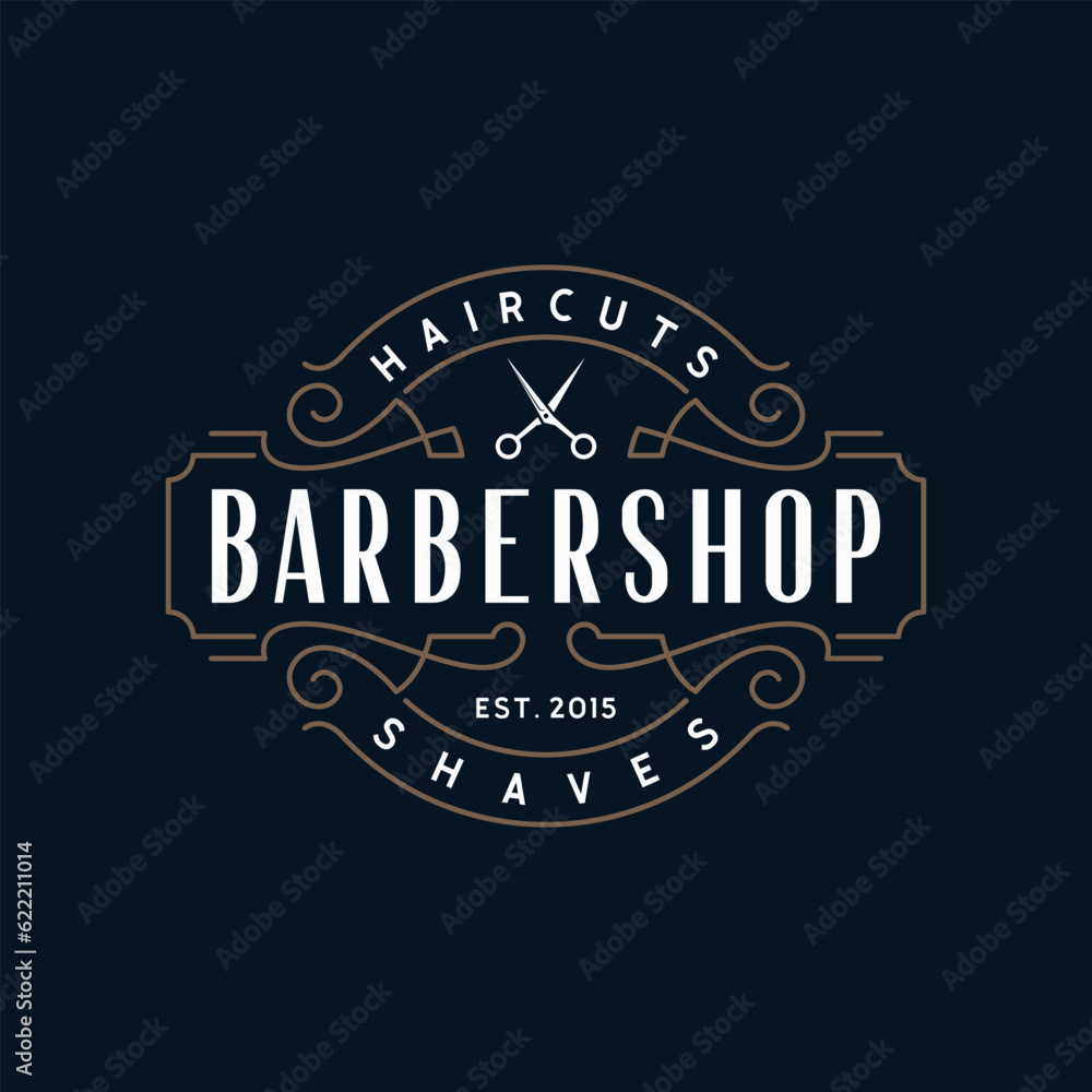 Barbershop haircut vintage badge logo with scissors symbol