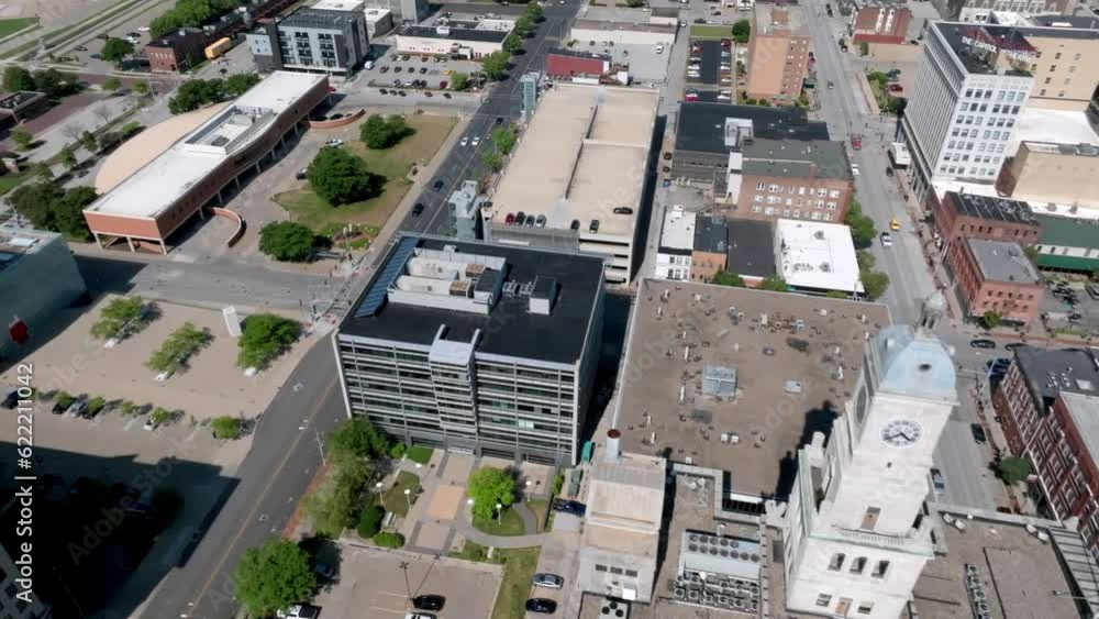 Downtown Davenport, Iowa with drone video moving right to left from the clock tower to the Mississippi River. Downtown Davenport, Iowa with drone video moving right to left from the clock tower to the Mississippi River.