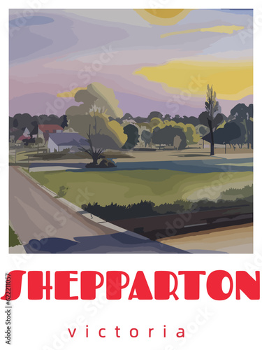 Shepparton: Retro tourism poster with a Australian landscape and the headline Shepparton / Victoria photo