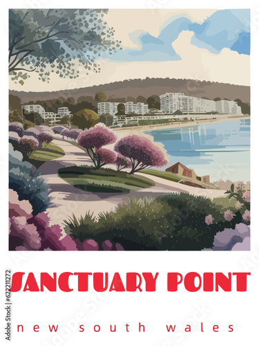 Sanctuary Point: Retro tourism poster with a Australian landscape and the headline Sanctuary Point / New South Wales