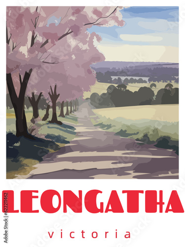 Leongatha: Retro tourism poster with a Australian landscape and the headline Leongatha / Victoria photo