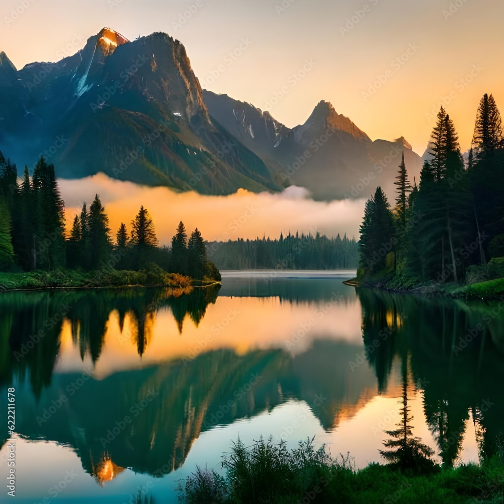 Serene landscape of lake and mountains