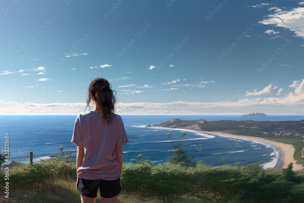 A girl with a ponytail standing at the seaside A girl with a ponytail standing at the seaside