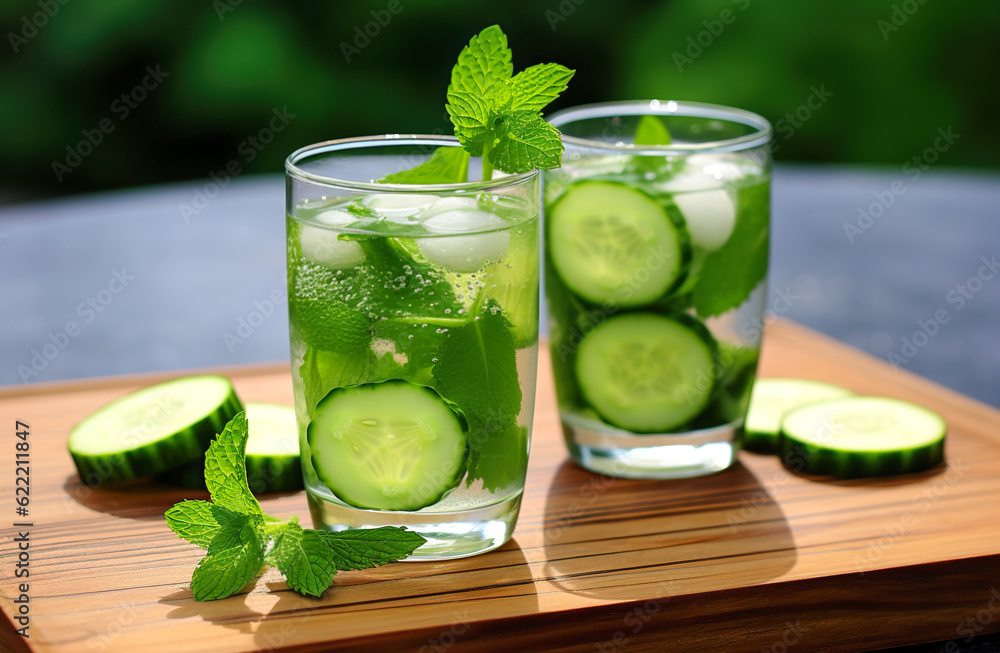 cold drink with basil, cucumber and lime. Mojito, lemonade with basil