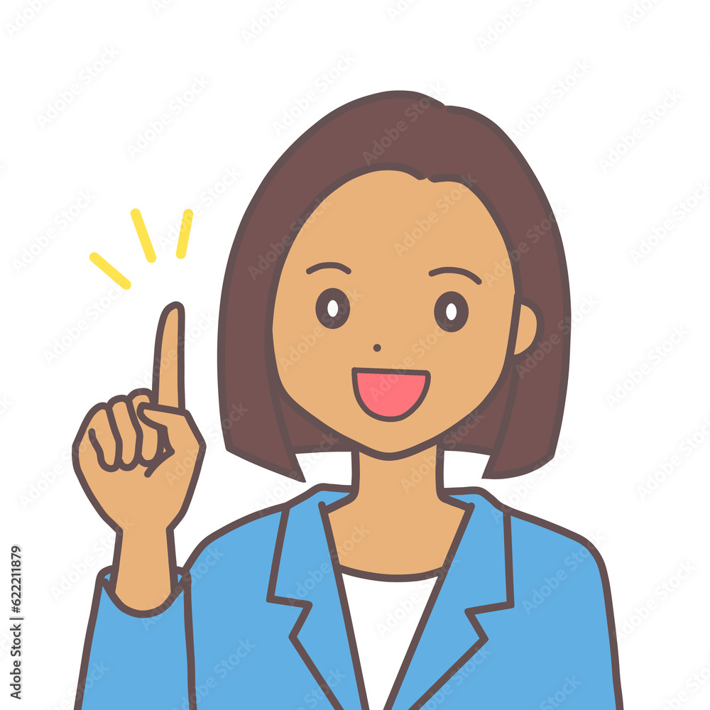 人差し指を立てるスーツの女性
