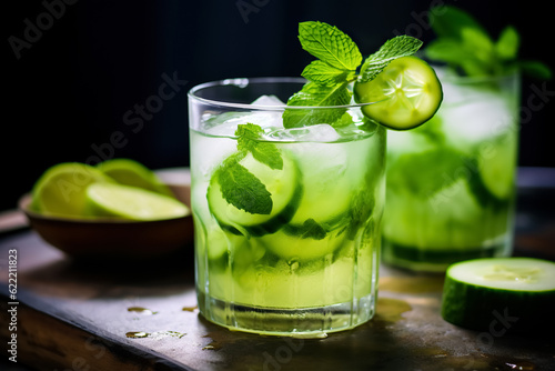 cold drink with basil, cucumber and lime. Mojito, lemonade with basil. Infused cucumber drink with mint. Detox water. Dark background. 