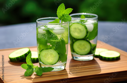 cold drink with basil, cucumber and lime. Mojito, lemonade with basil. Infused cucumber drink with mint. Detox water. Dark background.
 photo