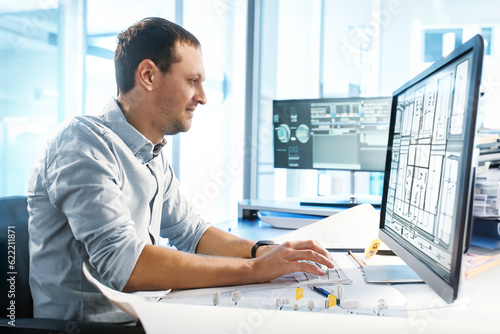 Obraz  Engineer working on a computer in office. In Architectural Bureau: Architect and Engineer Working on a Prototype Project. Image created with Generative AI technology
