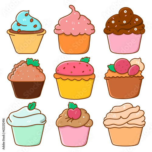 Vector Illustration of various cupcakes in cartoon style on white background.