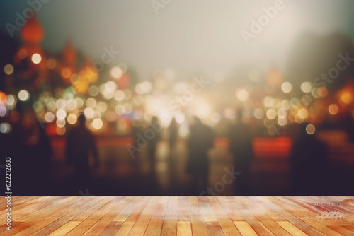 Abstract blurred people in night festival city park bokeh background - vintage tone