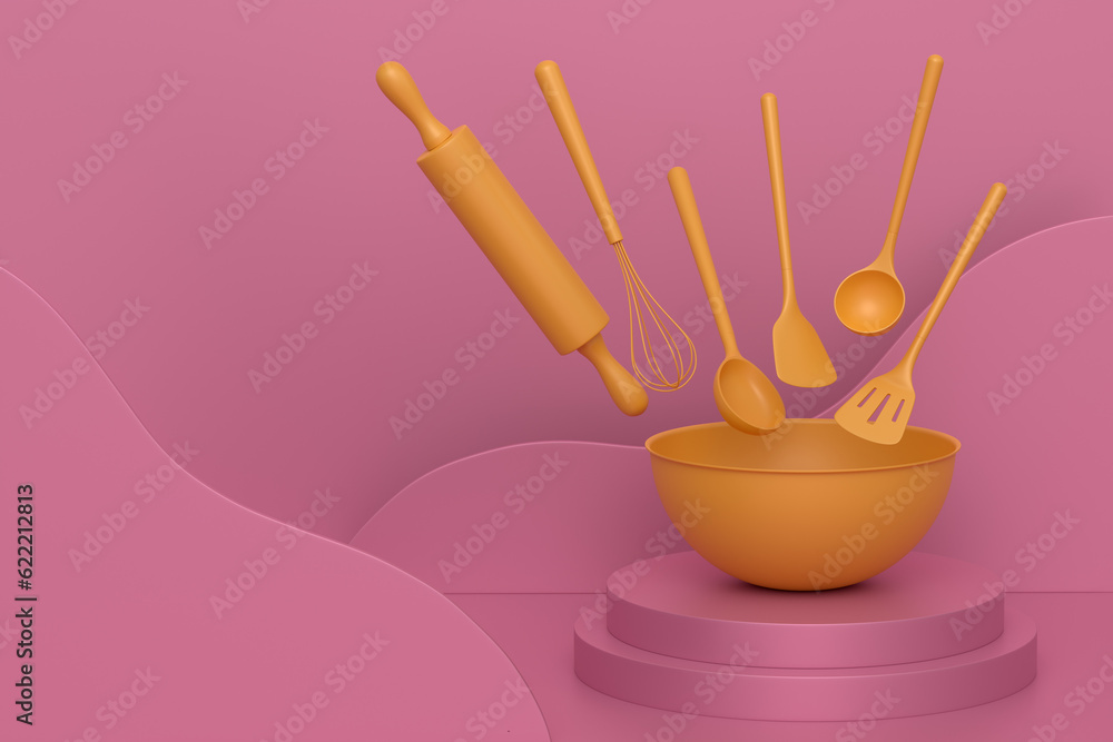 Abstract scene or podium with bowl and kitchen utensil on monochrome. Abstract scene or podium with bowl and kitchen utensil on monochrome.