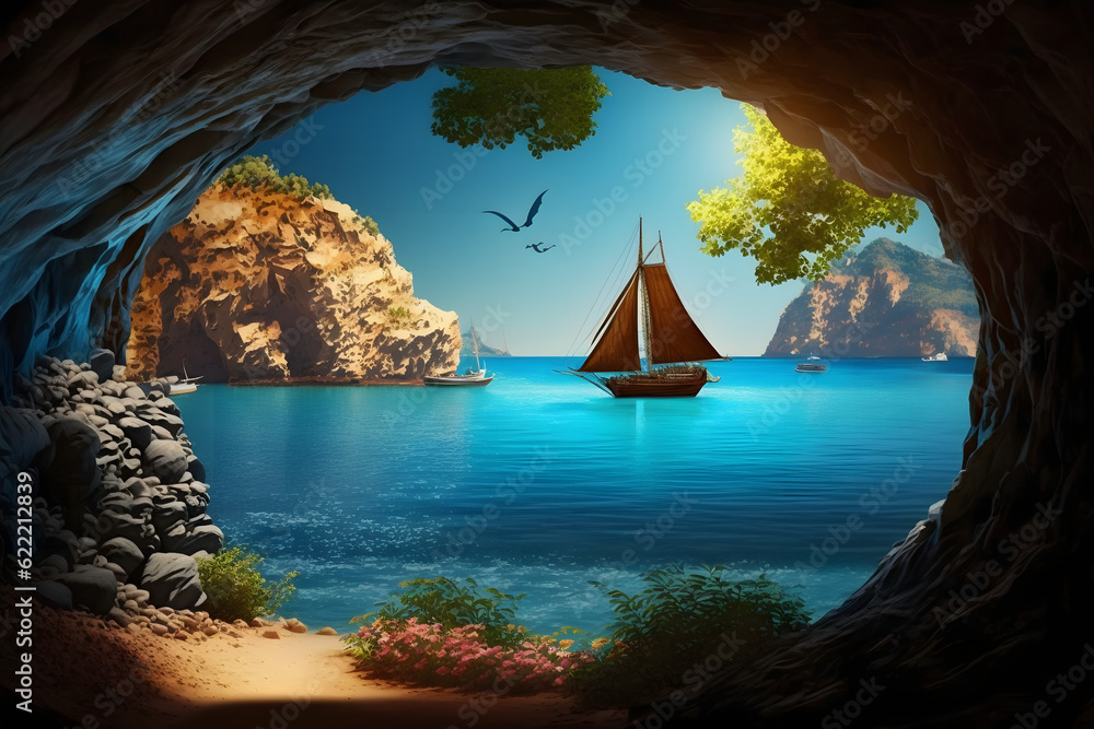 Fototapeta premium Beach Cave Blue Ocean With Yacht On The background