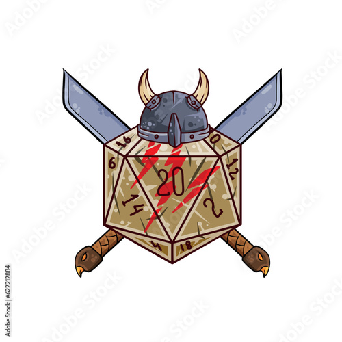 Dice d20 for playing Dnd. Dungeon and dragons board game. Crossed swords of medieval viking warrior, barbarian. Adventure cartoon Icon